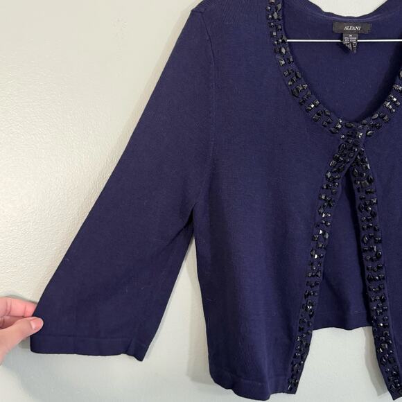 ALFANI Cardigan Womens M Wool Blend Embellished Beaded Party Cropped Navy Blue - Picture 3 of 7